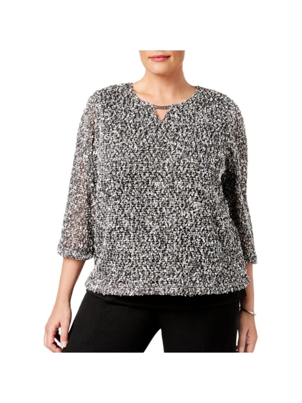 Alfred Dunner Top Petite Small Black White Eyelash Knit Faux Tunic Layered